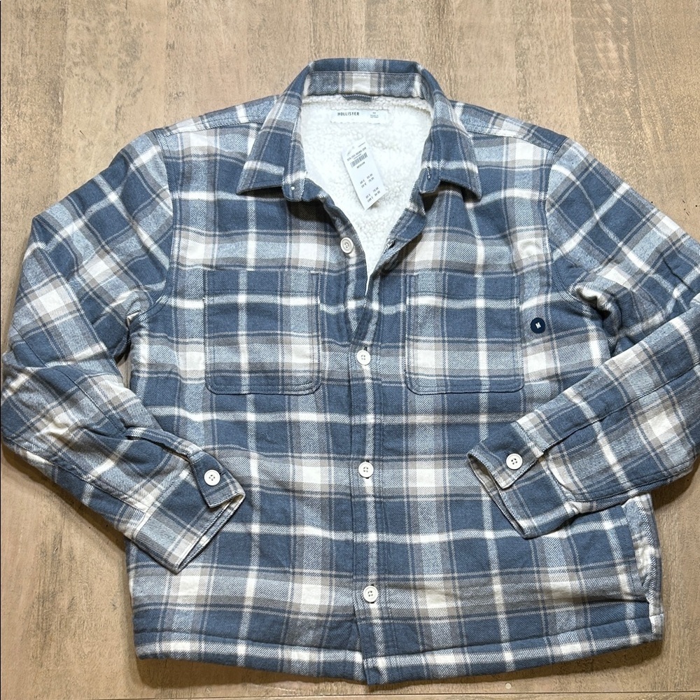 Hollister Navy and Cream Plaid Shirt Jacket
